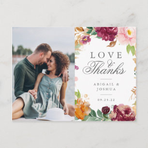 Carte Postale Blush Burgundy Floral Photo Wedding Thank You