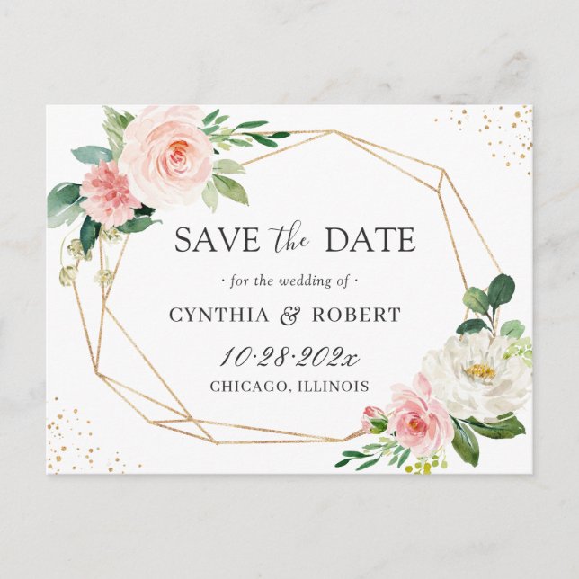 Carte Postale Blush Chic Floral Gold Géométrique Enregistrer la  (Devant)