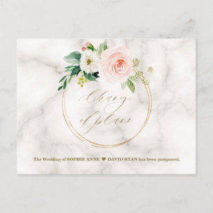 Carte Postale Blush Floral Marbre Or Changement de plans Mariage