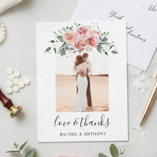 Carte Postale Blush rose Floral Mariage Photo Love and Thanks