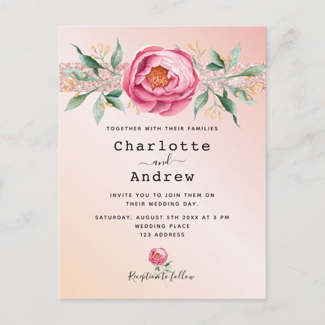 Carte Postale Blush rose gold floral wedding (Devant)