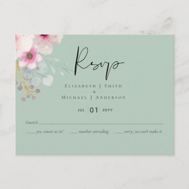 Carte Postale Blush rose Sage Floral Mariage RSVP Budget (Devant)