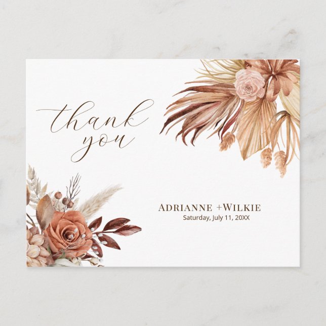 Carte Postale Bohême Boho Automne Pampas Mariage Merci (Devant)