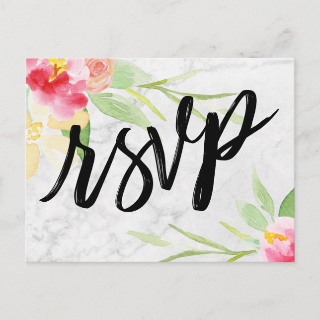 Carte Postale Boho Aquarelle Florale sur marbre gris subtil RSVP (Devant)