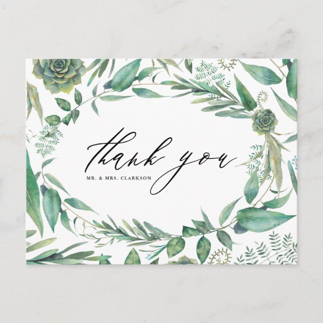 Carte Postale Boho Aquarelle Verdure et Merci Succulent (Devant)