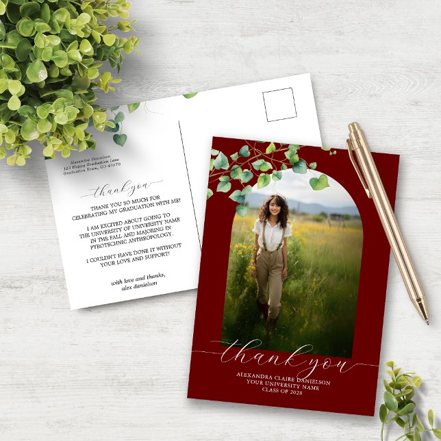 Carte Postale Boho Arch Ivy Dark Red Graduation Merci (Créateur téléchargé)