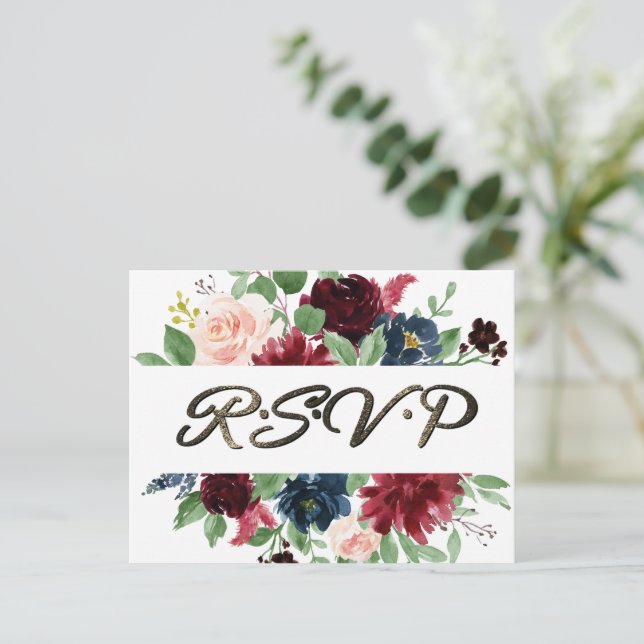 Carte Postale Boho Bloom | Burgundy Red and Navy Blue RSVP Repas (Debout devant)