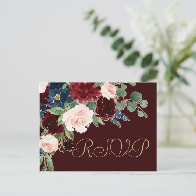 Carte Postale Boho Bloom | Dark Elegant Bourgogne et Navy RSVP (Debout devant)