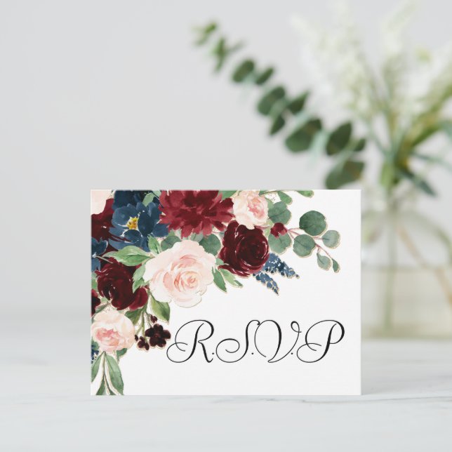 Carte Postale Boho Bloom | Rouge bordeaux et bleu marine RSVP (Debout devant)