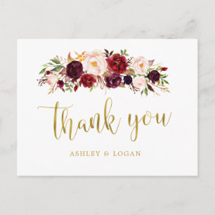 Carte Postale Boho Burgundy Mariage Floral Merci