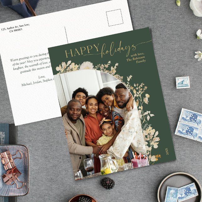 Carte Postale Boho Chic Green Gold Botanique Photo Holiday (Créateur téléchargé)