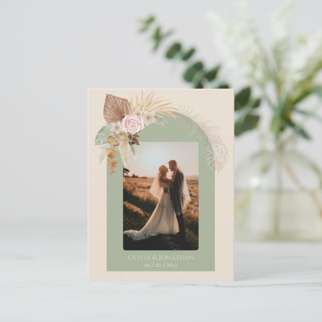 Carte Postale Boho Classé Moderne Rustique Beige Mint Mariage (Debout devant)