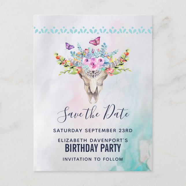 Carte Postale Boho Crâne avec un bouquet floral Enregistrez la d (Devant)