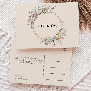 Carte Postale Boho Fleur sauvage Fern Mariage beige Merci