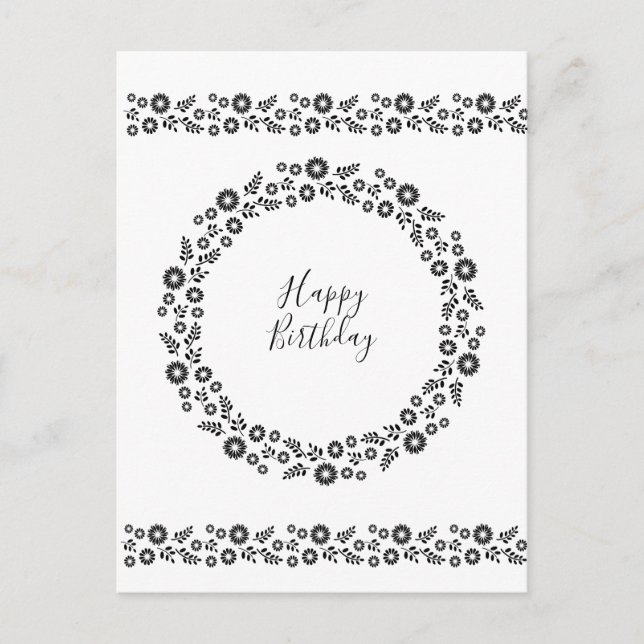 Carte Postale Boho fleurs Wreath Black and White salutations (Devant)