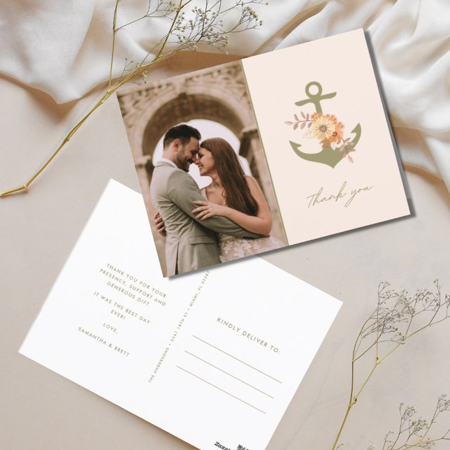 Carte Postale Boho Floral Ancre Mariage photo Merci (Boho Nautical Photo Wedding Thank You Postcards)