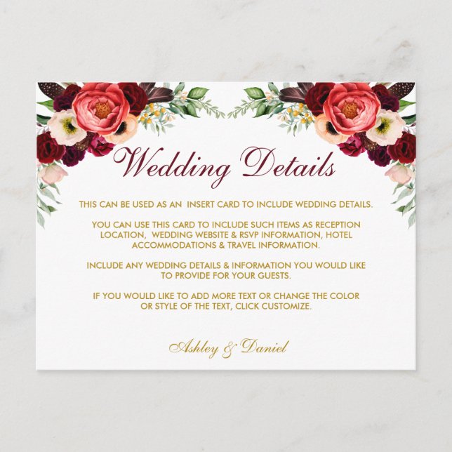 Carte Postale Boho Floral Bourgogne Détails du Mariage Insérer u (Devant)