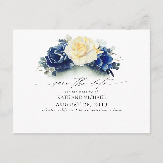 Carte Postale Boho floral jaune et bleu marine Sauvez la date (Devant)