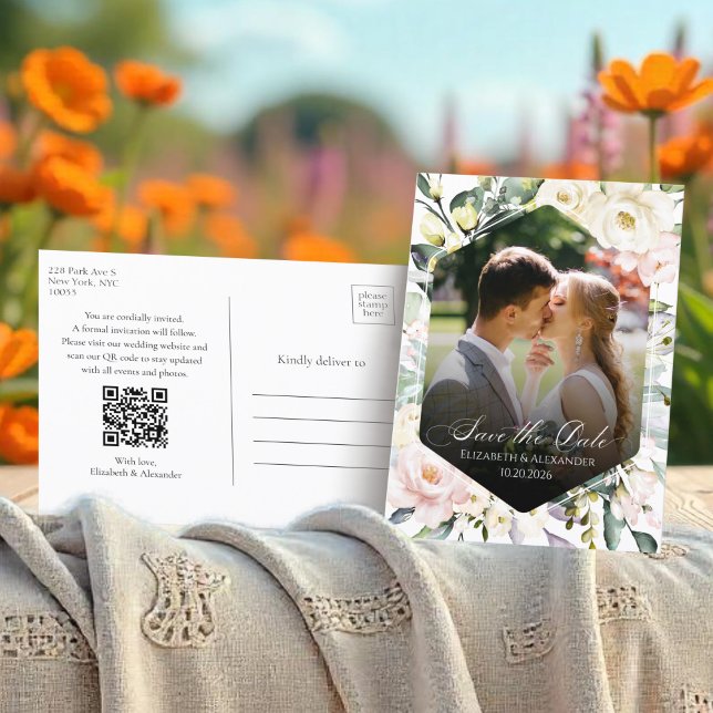 Carte Postale Boho Floral Mariage Photo QR code Enregistrer les  (Créateur téléchargé)