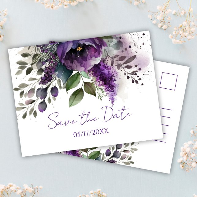 Carte Postale Boho Floral Moderne Purple Sauvez La Date (Purple Floral Modern Botanical Boho Save The Date Postcard)