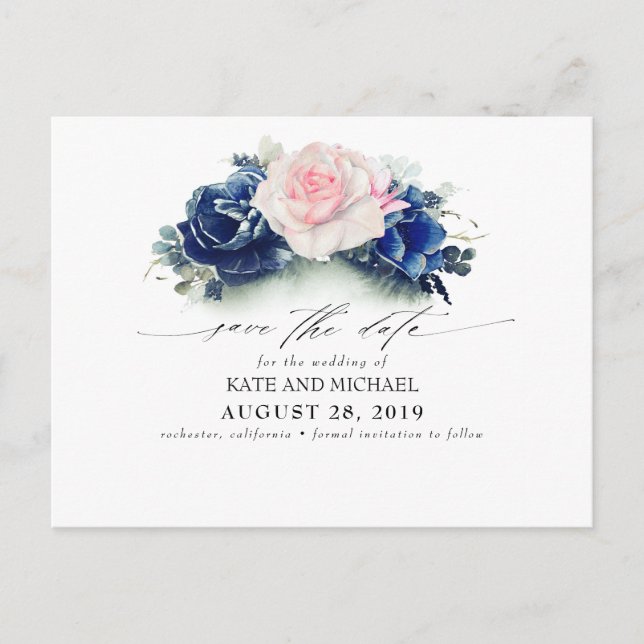 Carte Postale Boho floral rose et bleu marine Sauvez la date (Devant)