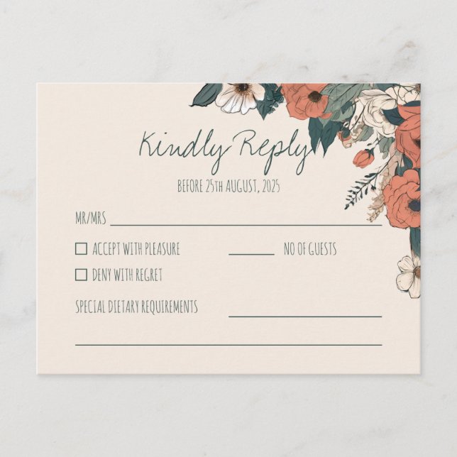 Carte Postale Boho Floral RSVP | Réponse de mariage élégante (Devant)