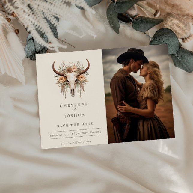 Carte Postale Boho Floral Skull Western Wedding Enregistrer la d (Créateur téléchargé)