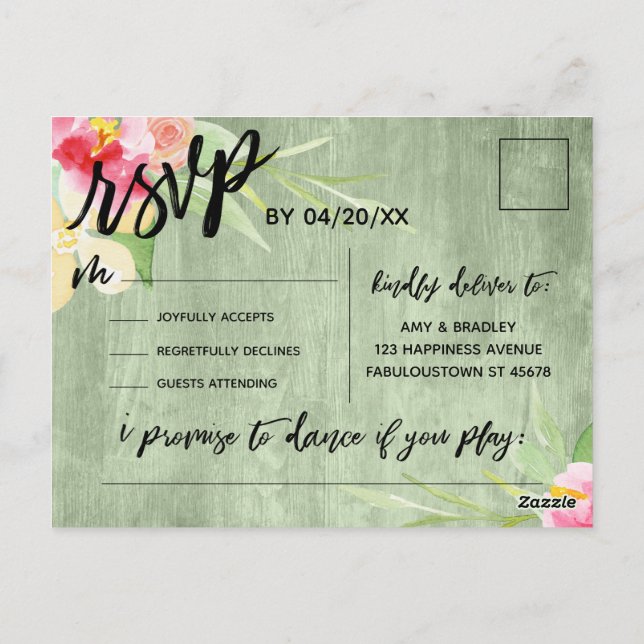 Carte Postale Boho Floral Vert Russe Bois Chanson Demande RSVP (Dos)