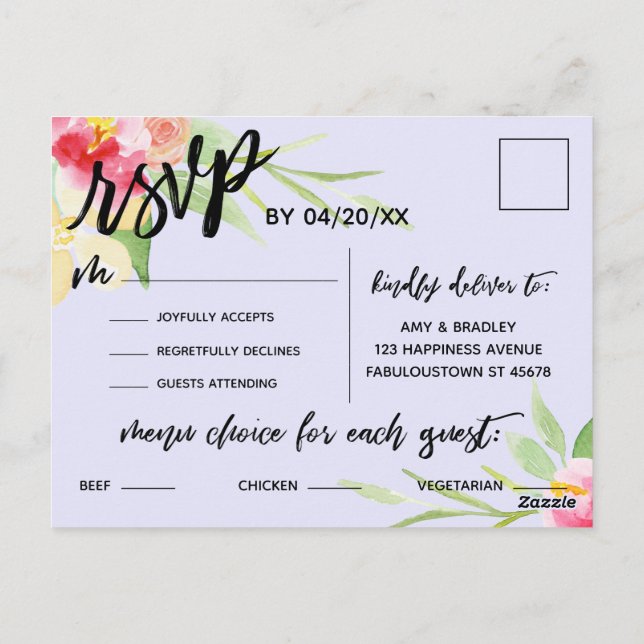 Carte postale Boho Flowers Menu Choix RSVP Lavende (Dos)