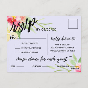 Carte postale Boho Flowers Menu Choix RSVP Lavende