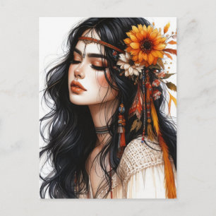 Carte Postale Boho Girl IA Art Mode Bohème