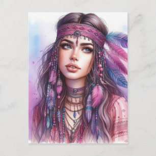 Carte Postale Boho Girl IA Art Mode Bohème