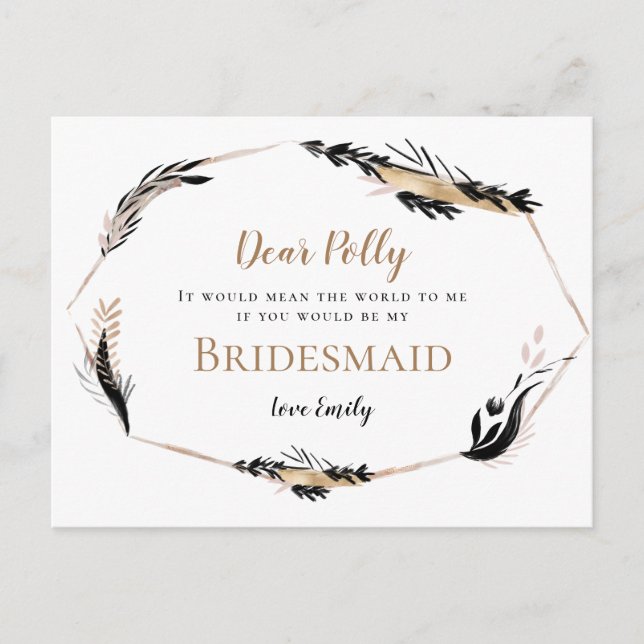 Carte Postale Boho Gold Black Feathermes Feuilles Demande d'aide (Devant)