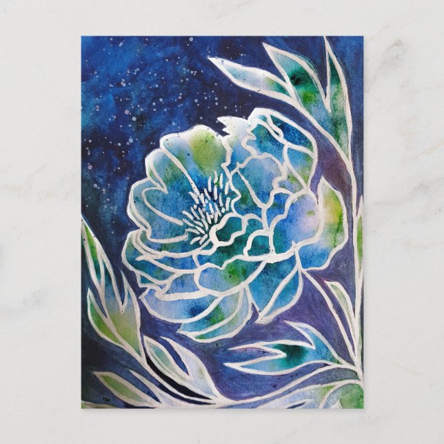 Carte Postale Boho Navy bleu céleste Dahlia aquarelle florale (Devant)