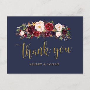Carte Postale Boho Navy et Gold Floral Mariage Merci