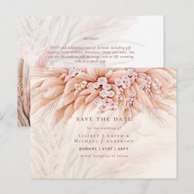 Carte Postale BOHO Pampas Grass Floral Mariage Enregistrer La Da (Devant / Derrière)