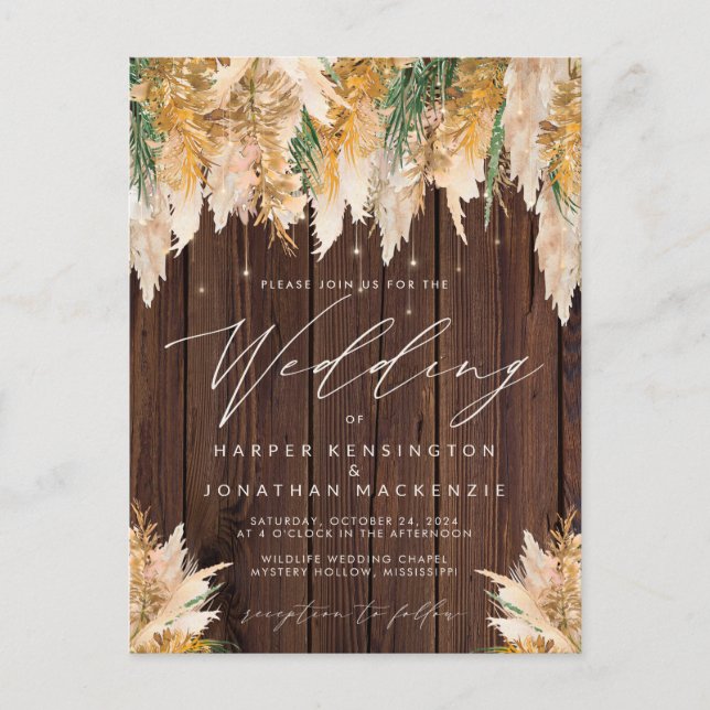 Carte Postale Boho Pampas Grass Wood Twinkle Mariage (Devant)