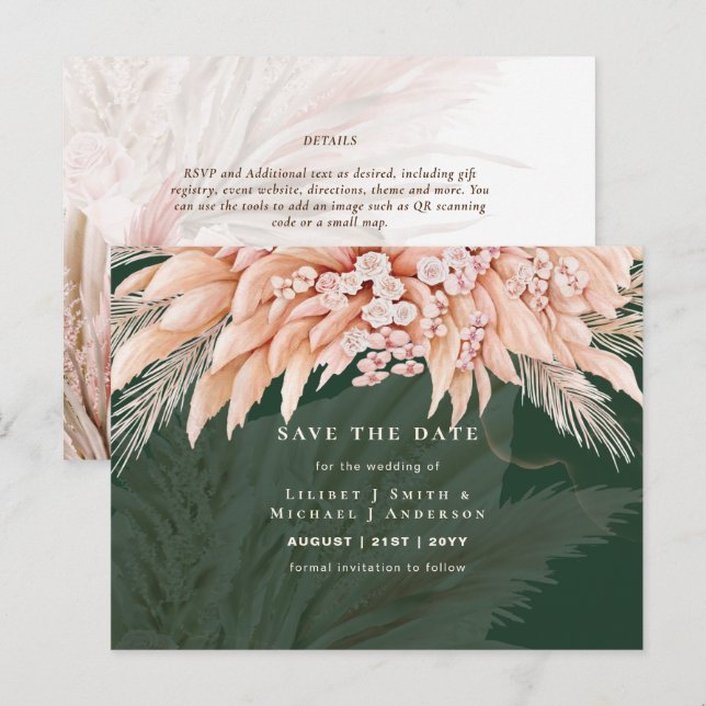 Carte Postale BOHO Pampas Herbe Fleurie Mariage Épargnez la Date (Devant / Derrière)
