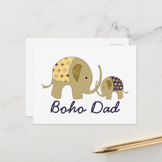 Carte Postale Boho Papa, Gold Elephant (Devant/Arrière en situation)