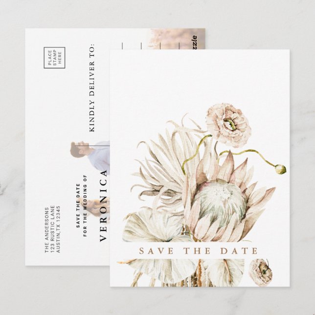 Carte Postale Boho Protéa Herbe de Pampas Enregistrer la Date Ph (Devant / Derrière)