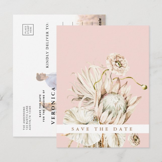 Carte Postale Boho Protea Pampas Grass Blush Enregistrer la date (Devant / Derrière)
