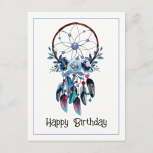 Carte Postale Boho Rêve Attrapeur de Rêves Plume Floral Bon Anni