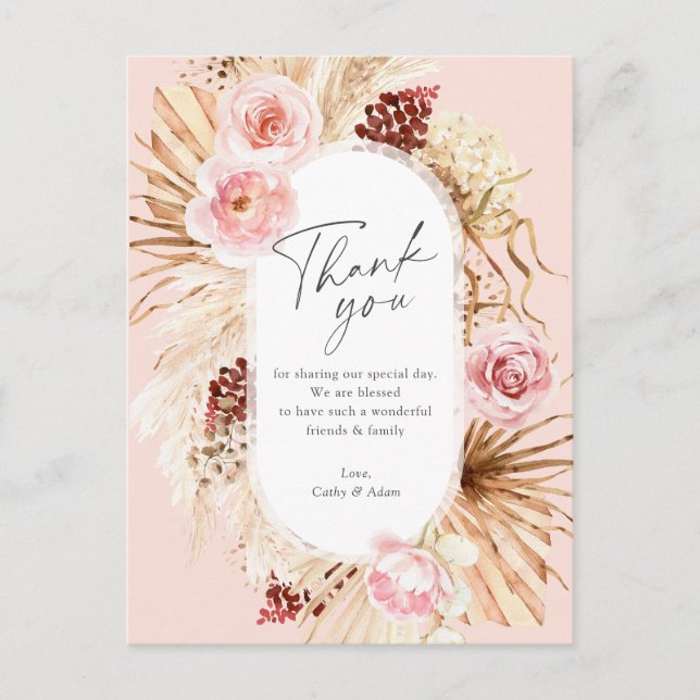 Carte Postale Boho rose vif Pampas Grass Mariage Floral Merci (Devant)