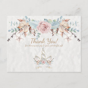 Carte Postale Boho Rustique Woodland Floral Unicorn Merci