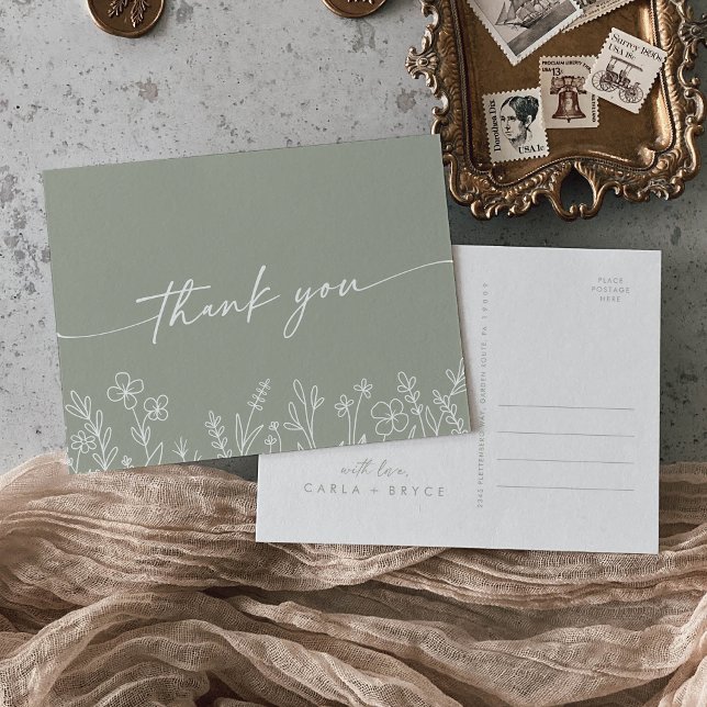 Carte Postale Boho Sage Green Wildflower Wedding Thank You (Créateur téléchargé)