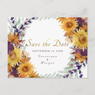 Carte Postale Boho tournesol script or floral Enregistrer la dat