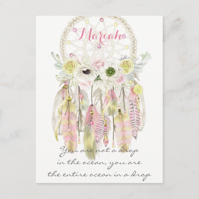 Carte Postale Boho Tribal Dream Catcher Plumes Fleurs autochtone (Devant)