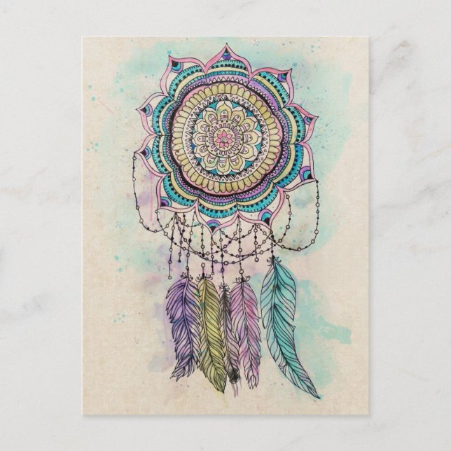 Carte Postale Boho Watercolor Mandala Dreamcatcher (Devant)