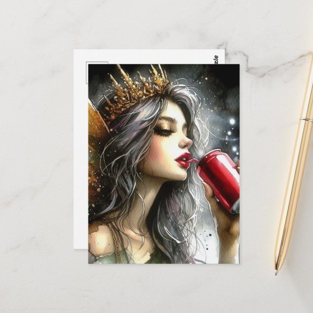 Carte Postale Boire une soda de fée (Devant/Arrière en situation)