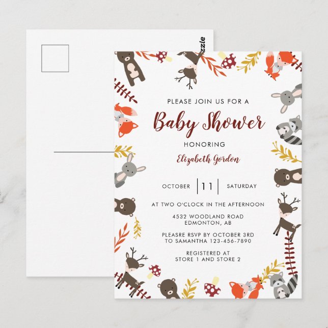Carte Postale Bois Baby shower mignon Animaux forestiers Neutres (Devant / Derrière)